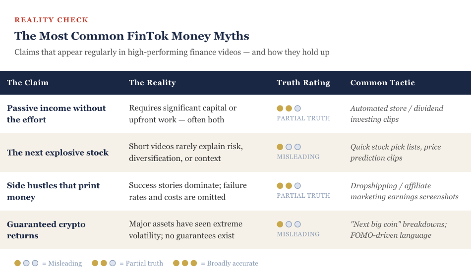 Explainer of most common FinTok money myths with truth ratings and common tactics