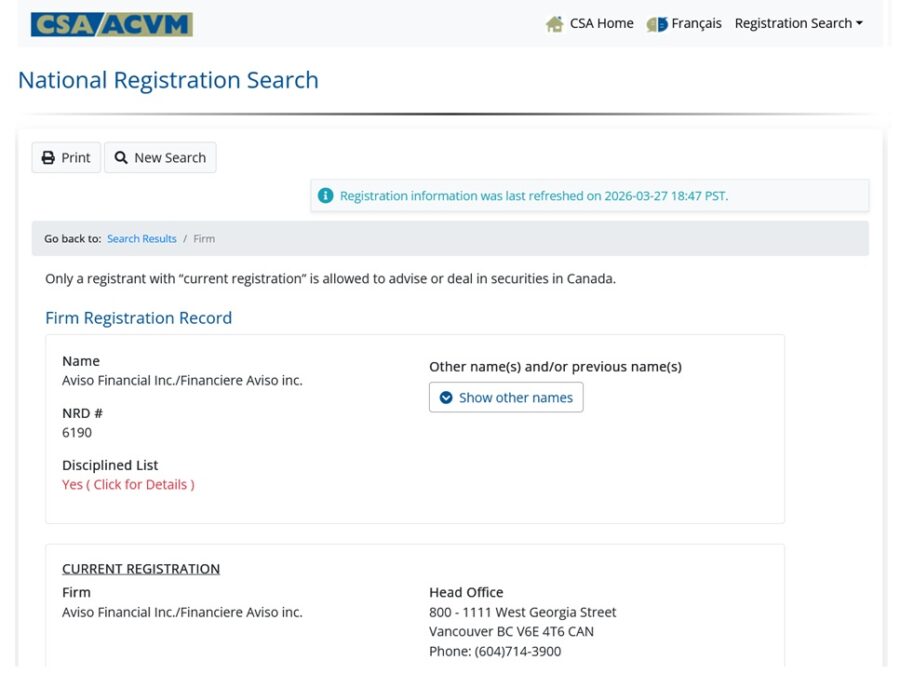 Qtrade's profile on the Canadian National Registration Database