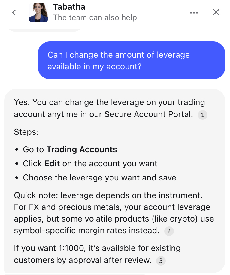 Live chat conversation with TabTrade customer support
