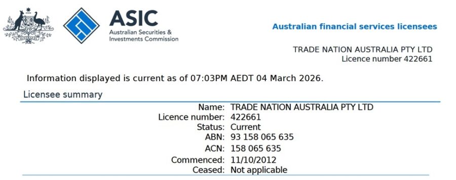Trade Nation's regulatory status with ASIC
