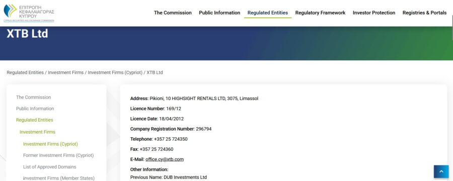 XTB's profile with CySEC