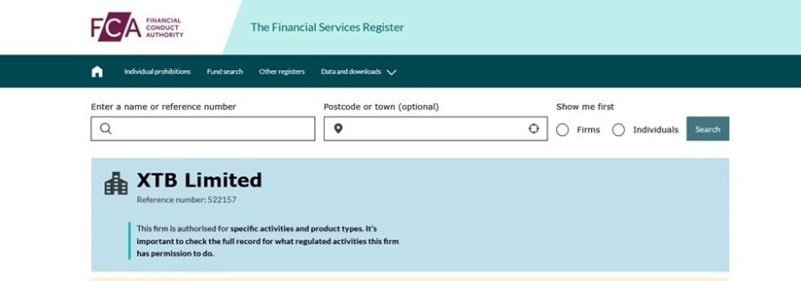 XTB's profile on the FCA company register