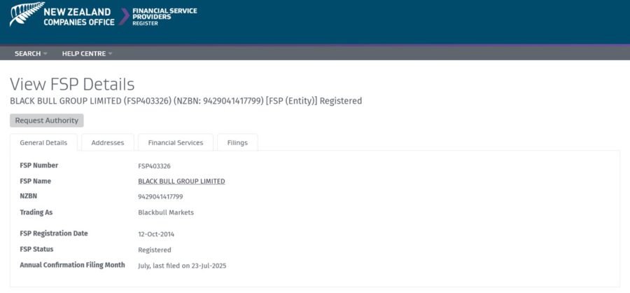 BlackBull's regulatory listing on the FSPR broker register