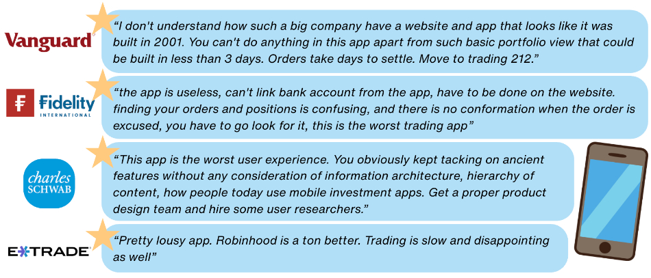 Infographic showing examples of 1-star broker reviews on App Store and Google Play