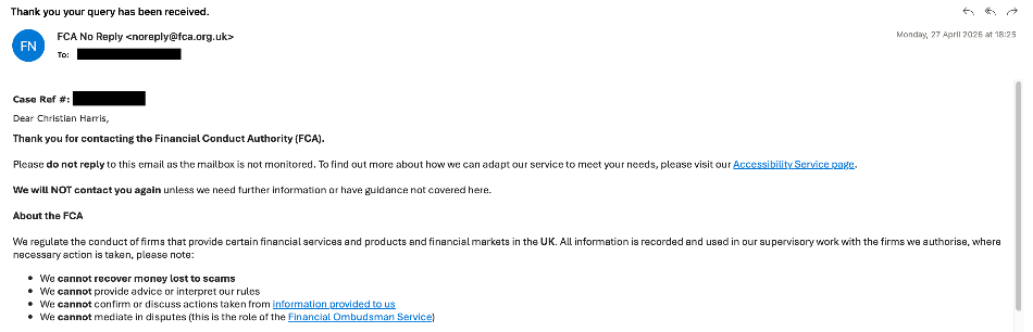 Confirmation email from FCA for reporting a financial scam