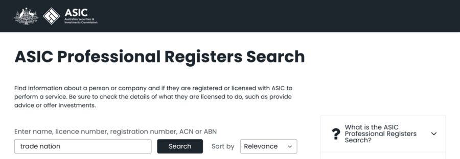 Finding trade nation on the ASIC online company register