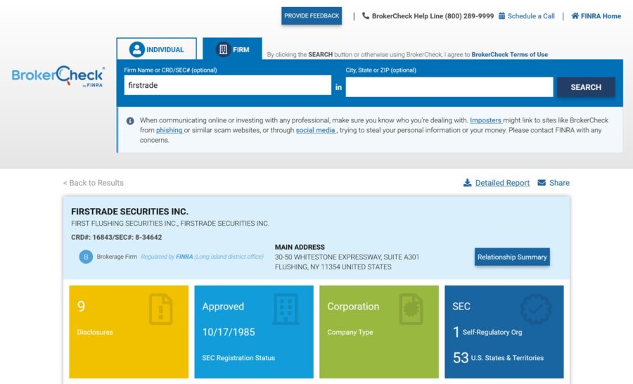 Perfil de Firstrade en la herramienta BrokerCheck de FINRA