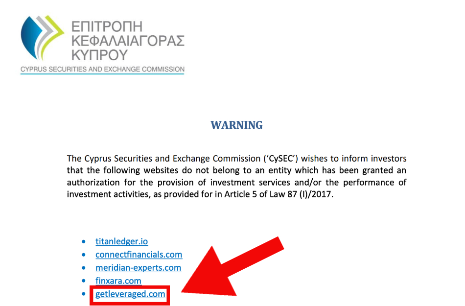CySEC regulator warning about getleveraged.com
