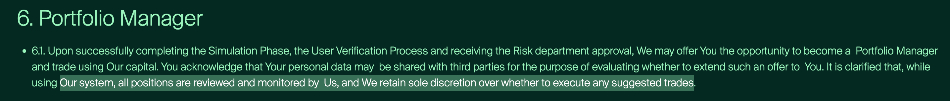 Terms from Leveraged stating they retain control over all trades