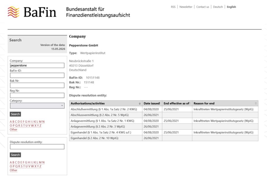 Pepperstone's entry on the online BaFin directory