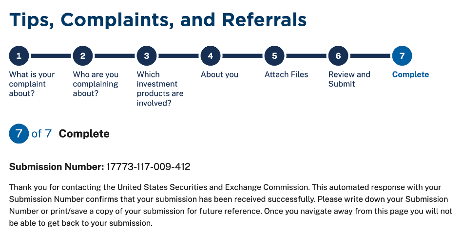 SEC confirmation of reporting a financial scam