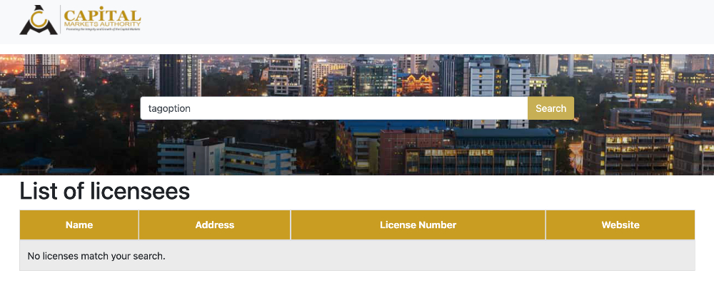 CMA Kenya broker checker showing no results for TagOption