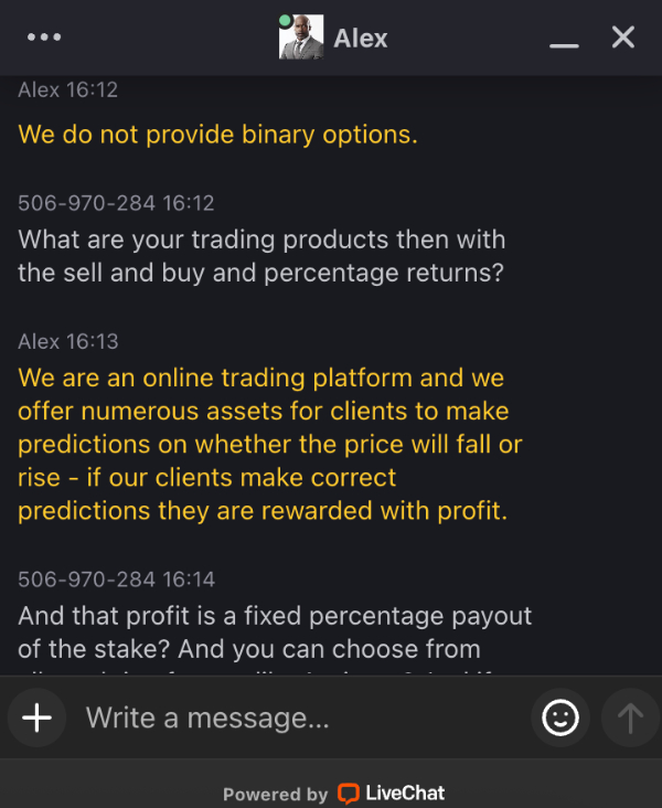 Live chat conversation with Tickz where they don't acknowledge they offer binaries