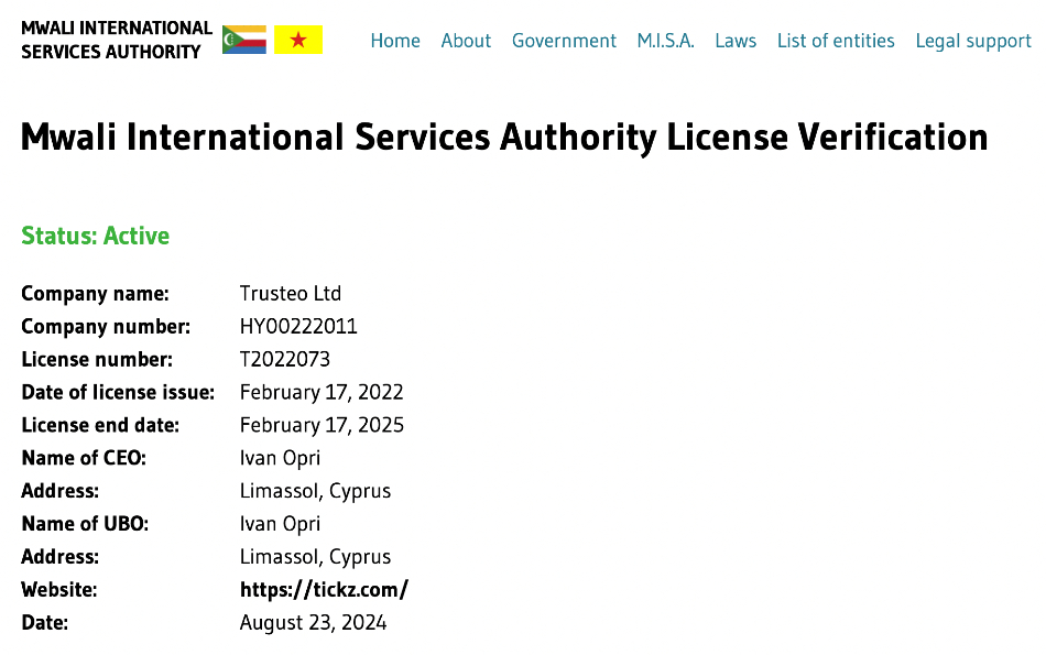 Tickz MISA license verification
