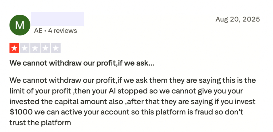 Trustpilot one-star review of Trade FDC
