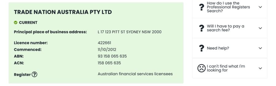 Trade Nation's entry on the online ASIC register