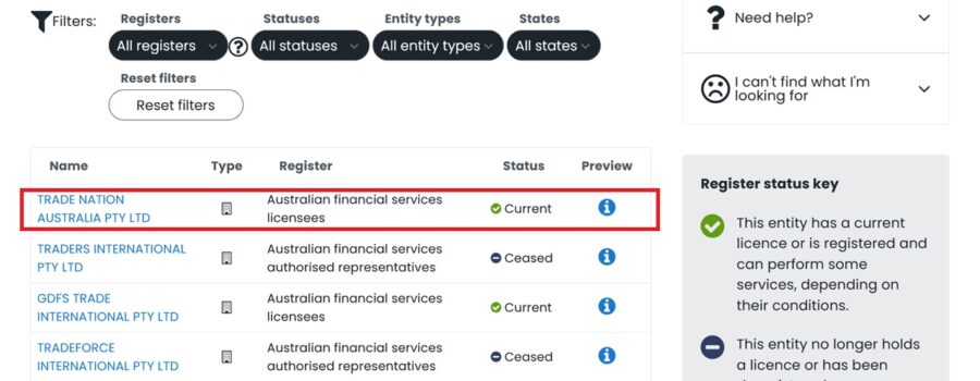 Trade Nation's ASIC profile after carrying out a search