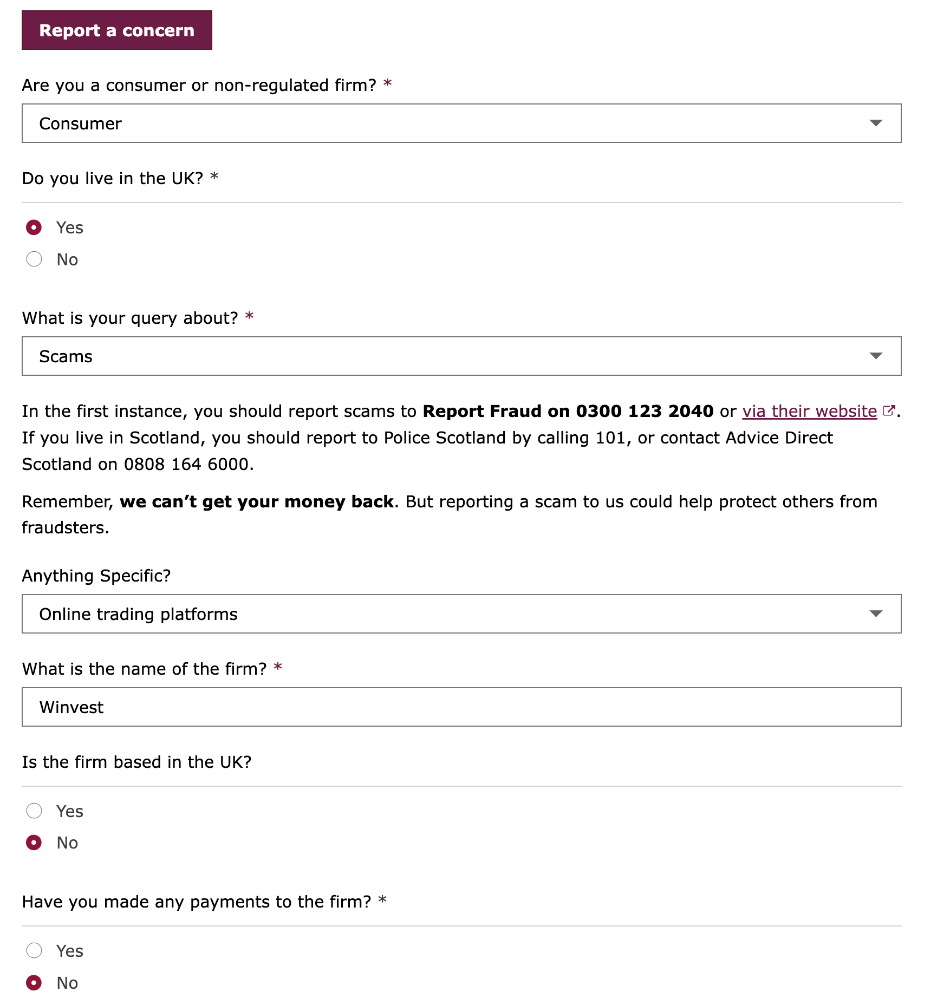 Scam report form at UK FCA