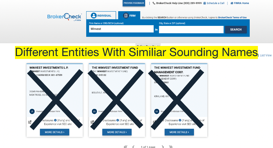 Check of Winvest financial services provider on FINRA database