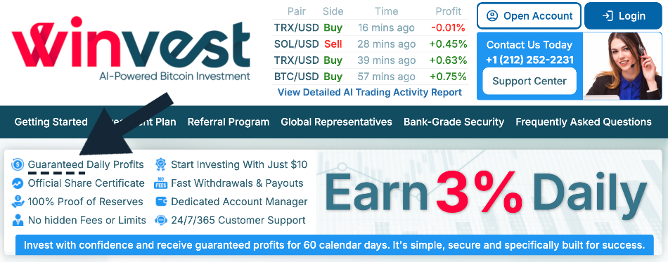 Winvest claim of "guaranteed daily profits"