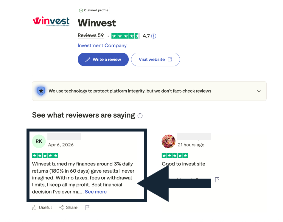 Suspicious Winvest reviews on Trustpilot
