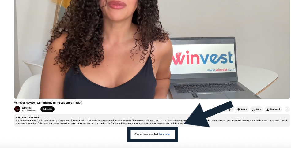 Winvest YouTube channel with comments turned off highlighted