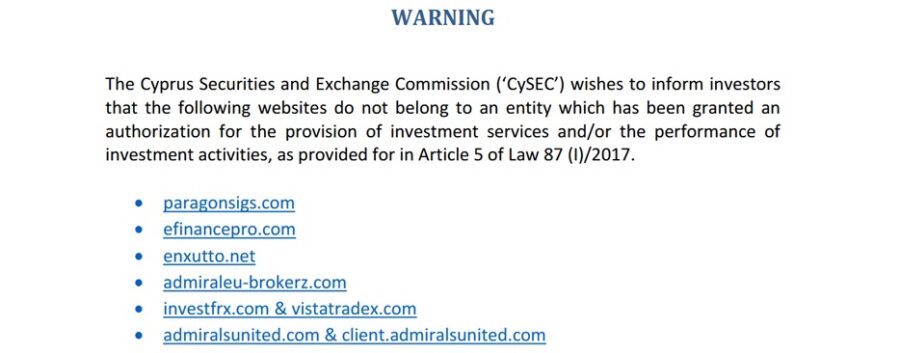 Una entrada de la lista de advertencias de CySEC en línea