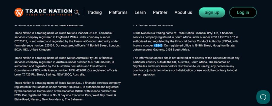 Checking Trade Nation's FSCA status on its website