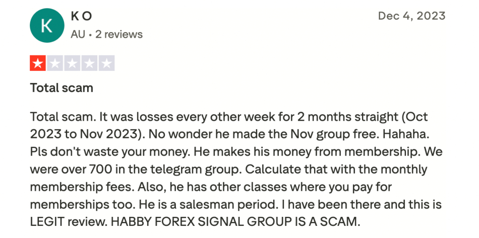 Scam complaint about Habby Forex posted on Trustpilot