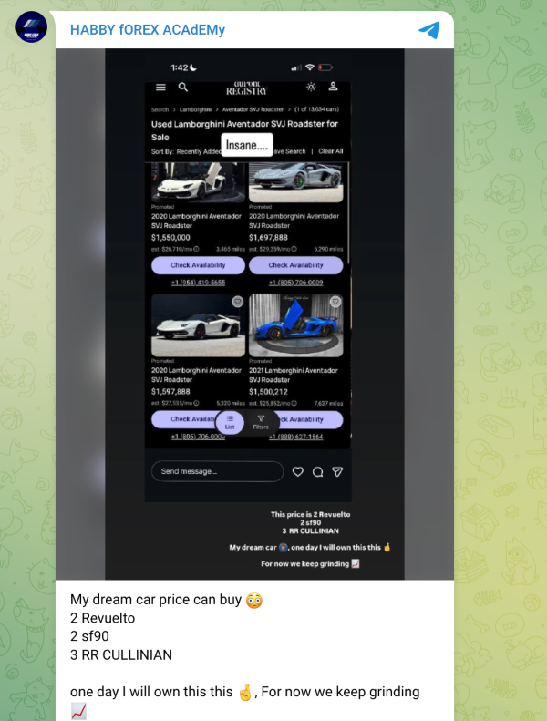 Habby Forex Telegram post promoting luxury cars