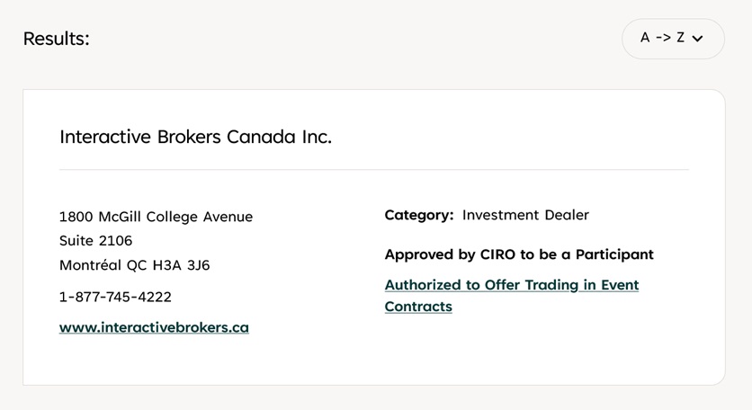 Interactive Brokers' entry on the CIRO online search facility
