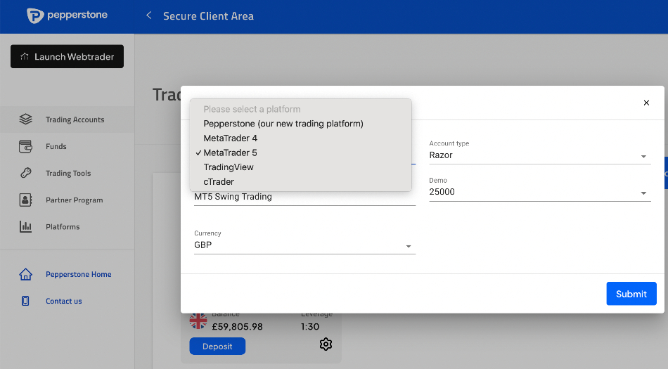 Creating a Pepperstone account that uses MT5
