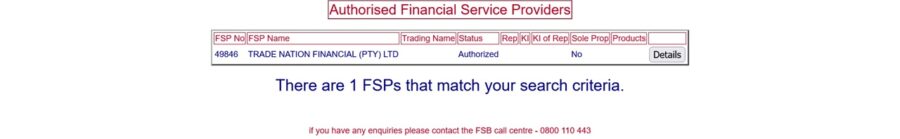 Search results for Trade Nation on the FSCA directory