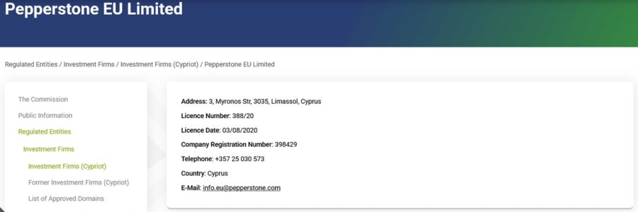 Entrada de Pepperstone EU Limited en el directorio de CySEC