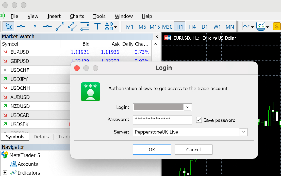 Entering Pepperstone login details to MT5 Mac software