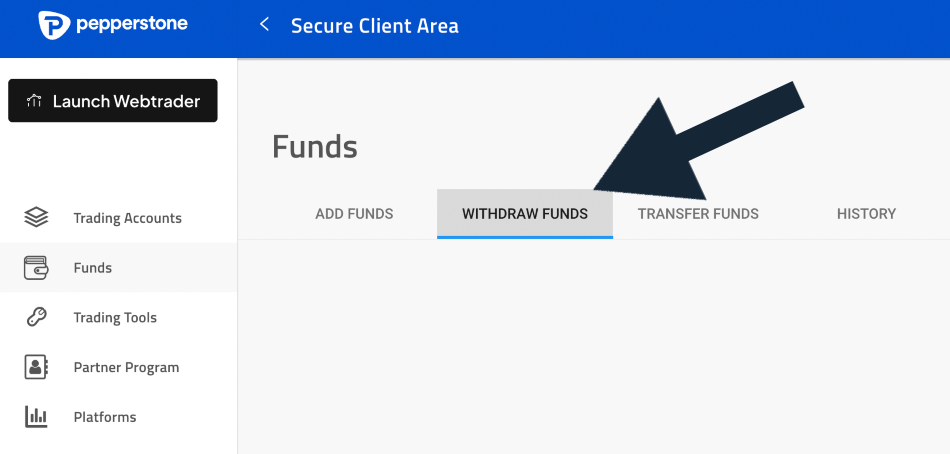 Withdrawal area in Pepperstone's secure client portal