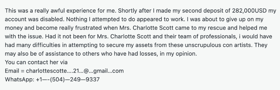 Real recovery broker scam message