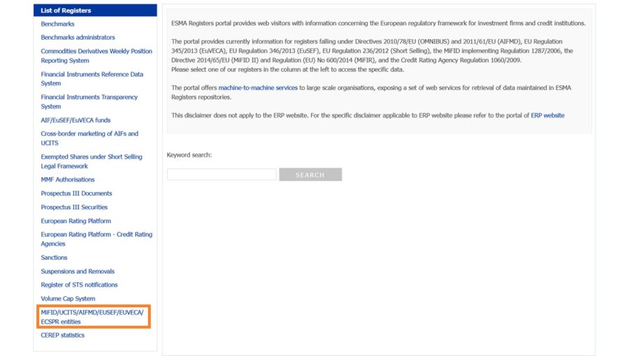 Searching for eToro on ESMA's online search directory