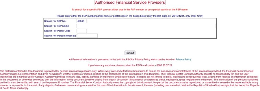 Typing Trade Nation's FSP number into the FSCA's directory