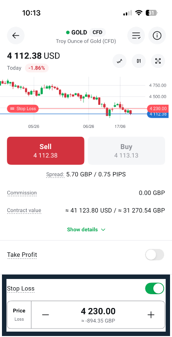 Entering stop loss details on a short Gold CFD trade in the XTB app