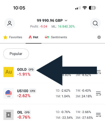 Finding a gold CFD to short in the XTB app