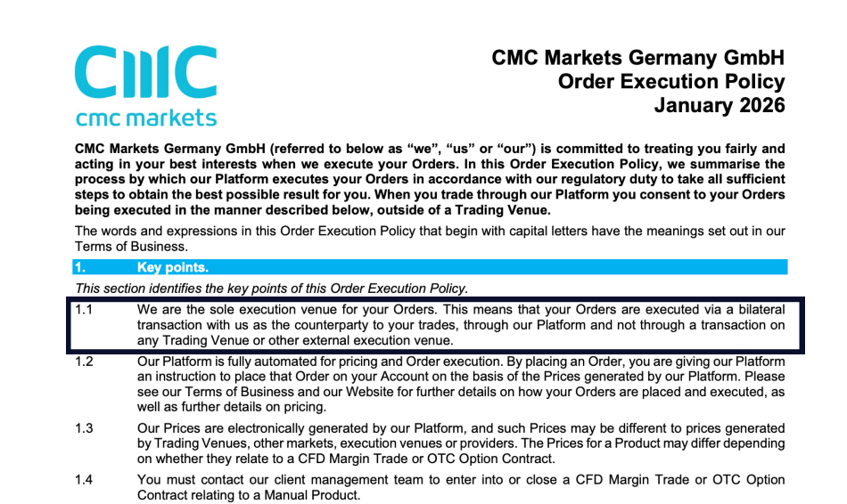 Order execution policy from CMC Markets demonstrating it's a market maker model