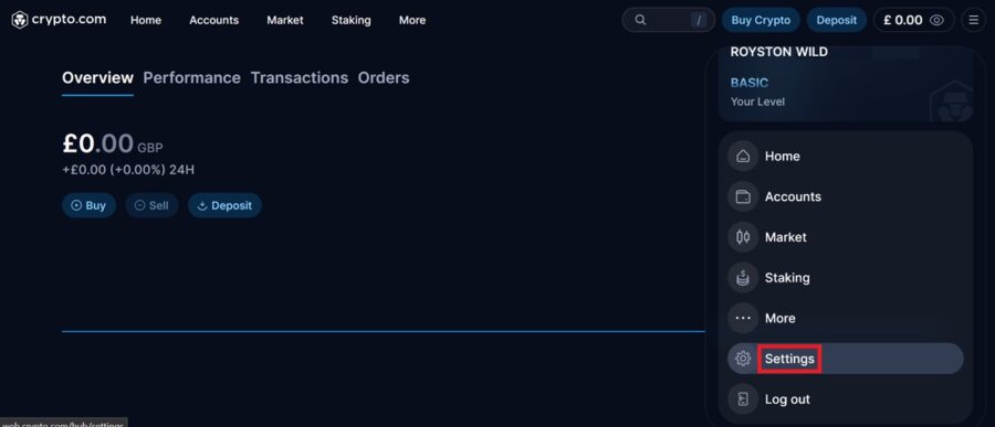 Clicking on the 'Settings' tab on Crypto.com