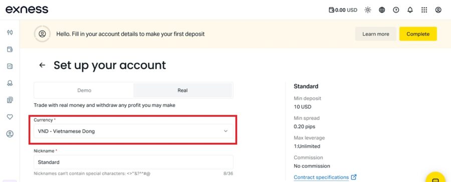 Choosing a VND account with Exness