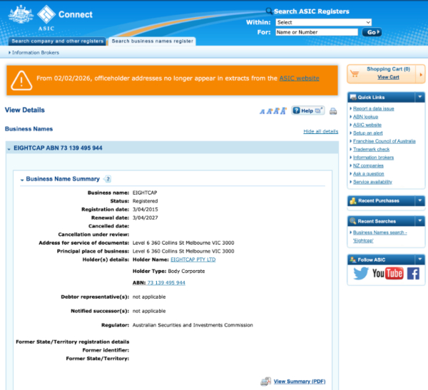 Eightcap's license details on the ASIC database