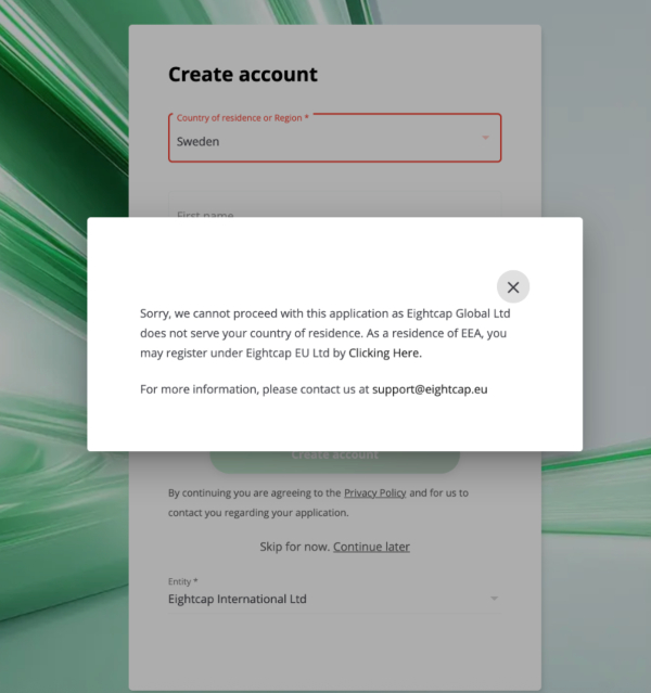 Eightcap rerouting traders to EU entity message