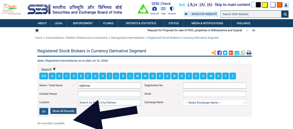 A search for Eightcap on the SEBI database