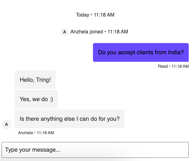 Eightcap live chat confirming they accept Indian residents