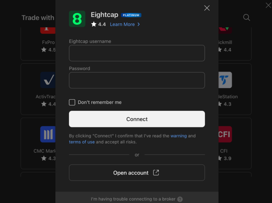 Connecting an Eightcap account in TradingView
