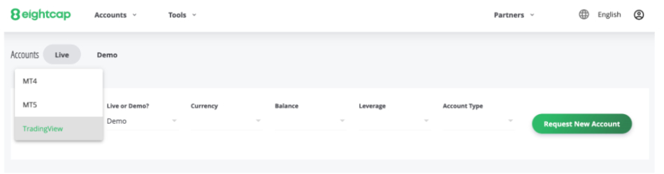 Setting up a TradingView account in the Eightcap client area